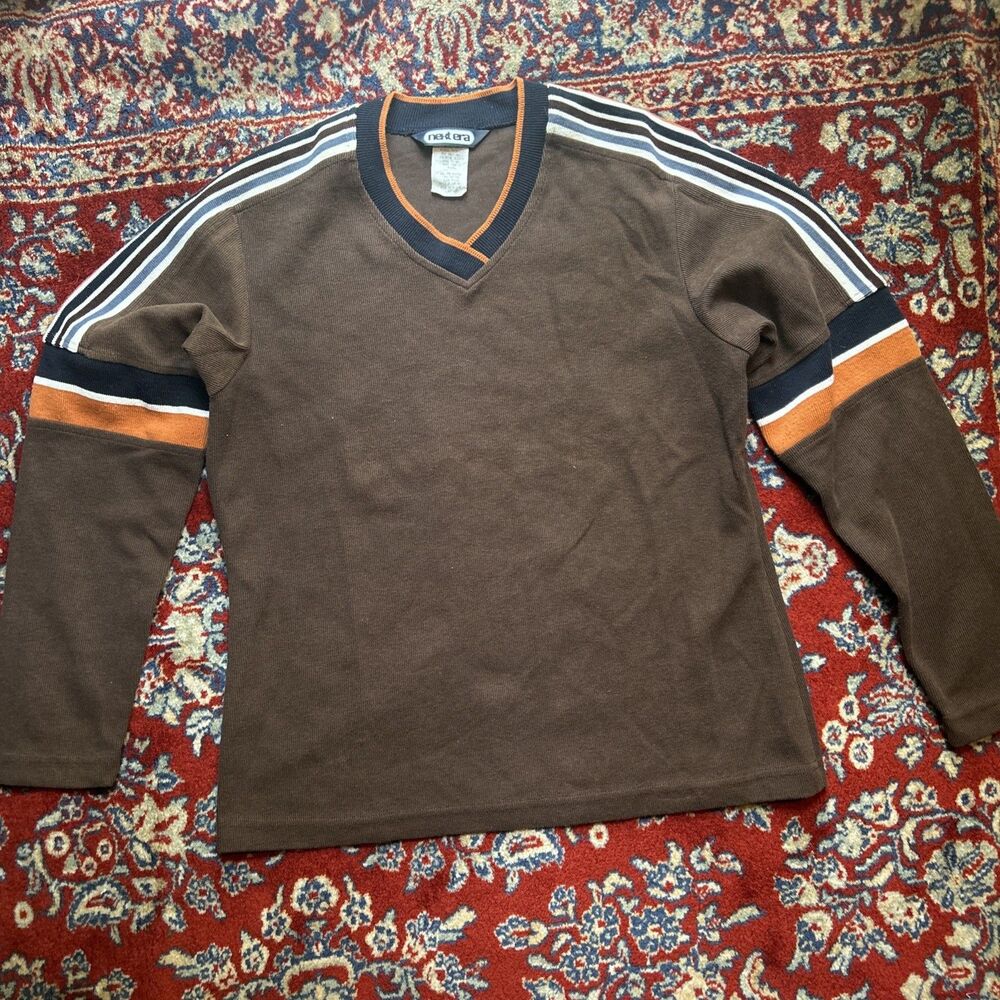 Mens Vintage Brown Orange Long Sleeve 90s Classic Stripped Next Era V-Neck Large
